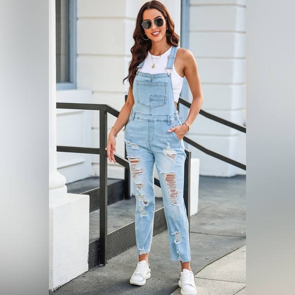 Distressed Pocketed Wide Strap Denim Overalls